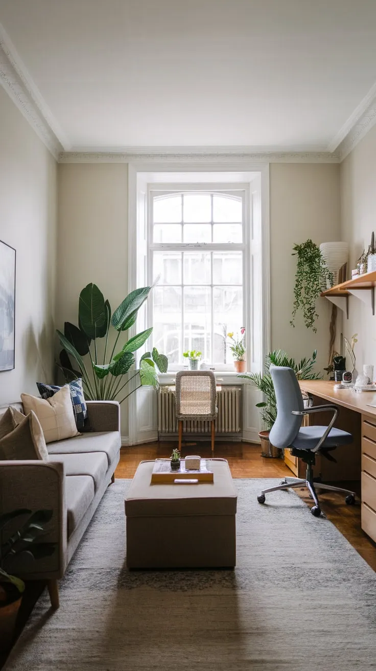 Sunlight streams into a bright white home office featuring a relaxing couch and efficient desk setup.