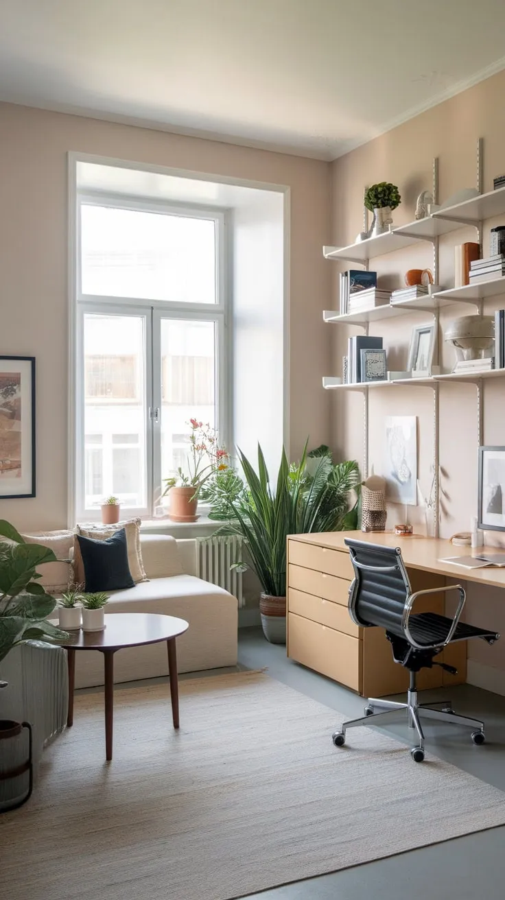 Sunlight streams into a stylish home office featuring a cozy couch, perfect for both focused work and comfortable relaxation.