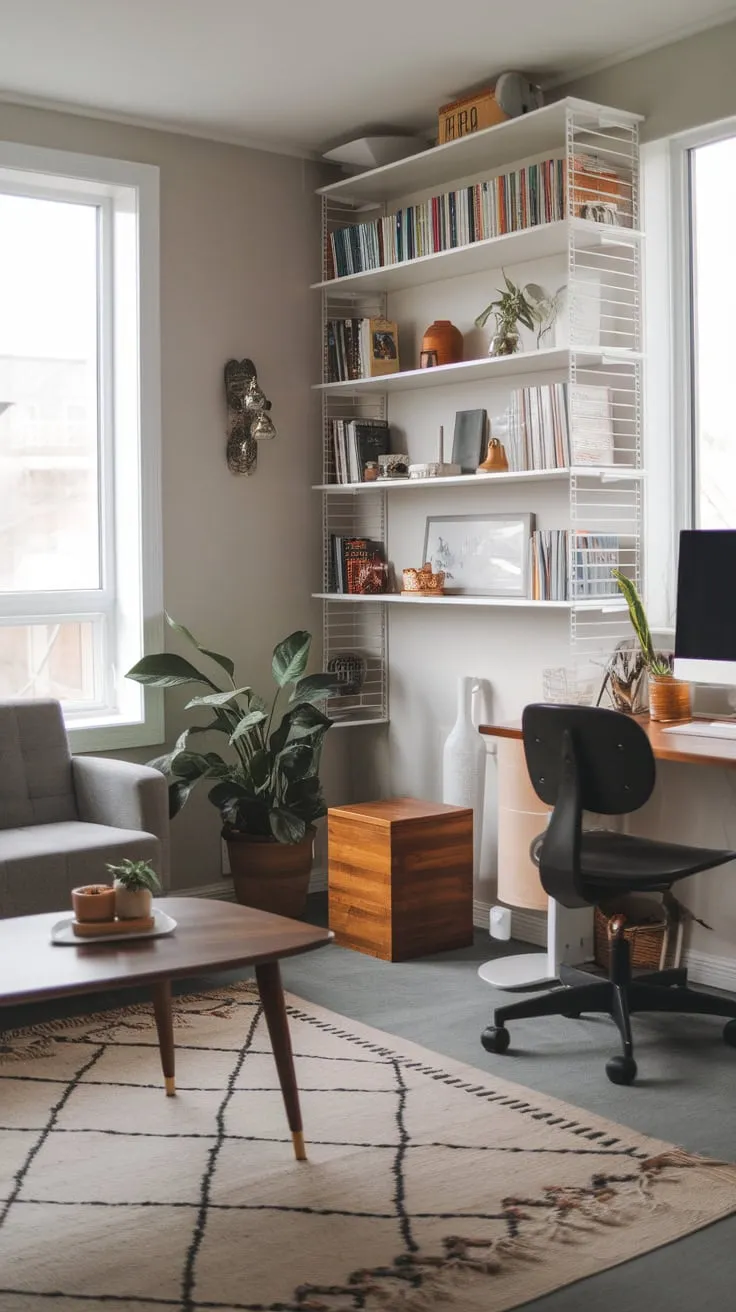 A stylish gray couch complements a productive workspace in this modern home office, creating a relaxing yet efficient atmosphere.