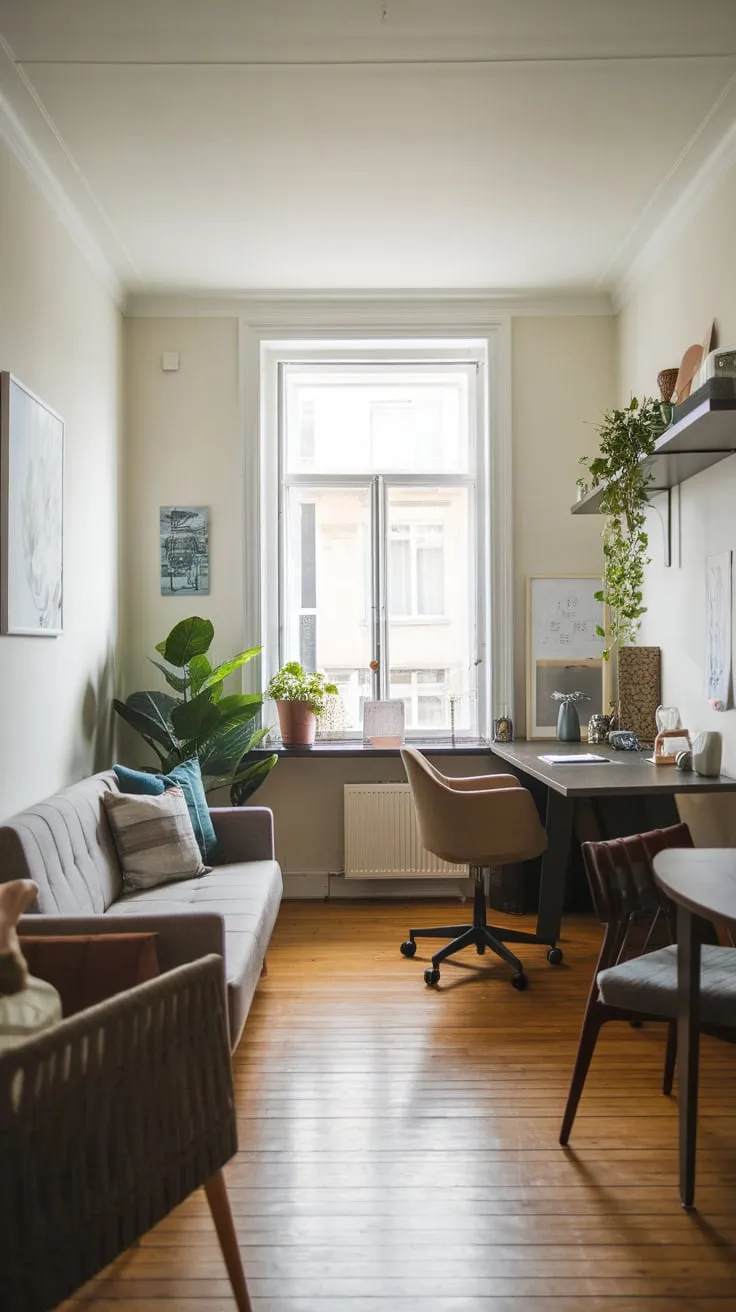 Modern wooden floors and a stylish sitting area create a productive yet inviting home office space.