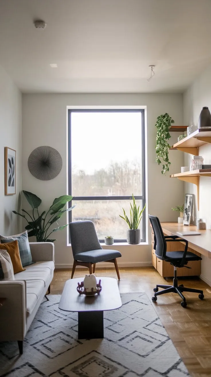 A modern home office seamlessly blends work and relaxation with a comfortable couch, desk, and inspiring natural light