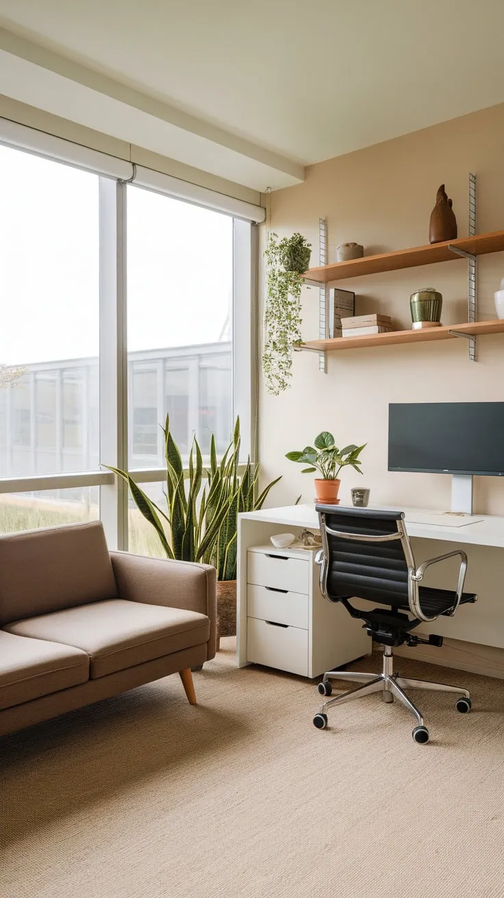 Relax and work in style with a home office seamlessly blending comfort and productivity, thanks to a strategically placed couch.