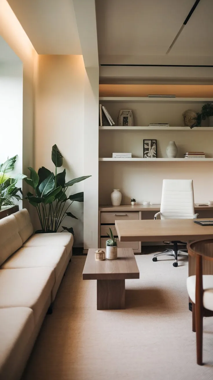 A modern home office seamlessly blends work and relaxation with a beige couch, wooden desk, and soft lighting, creating a calming workspace.
