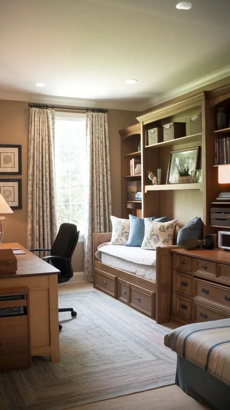 A serene beige spare bedroom seamlessly blends home office functionality with a daybed and futon for ultimate comfort and flexibility