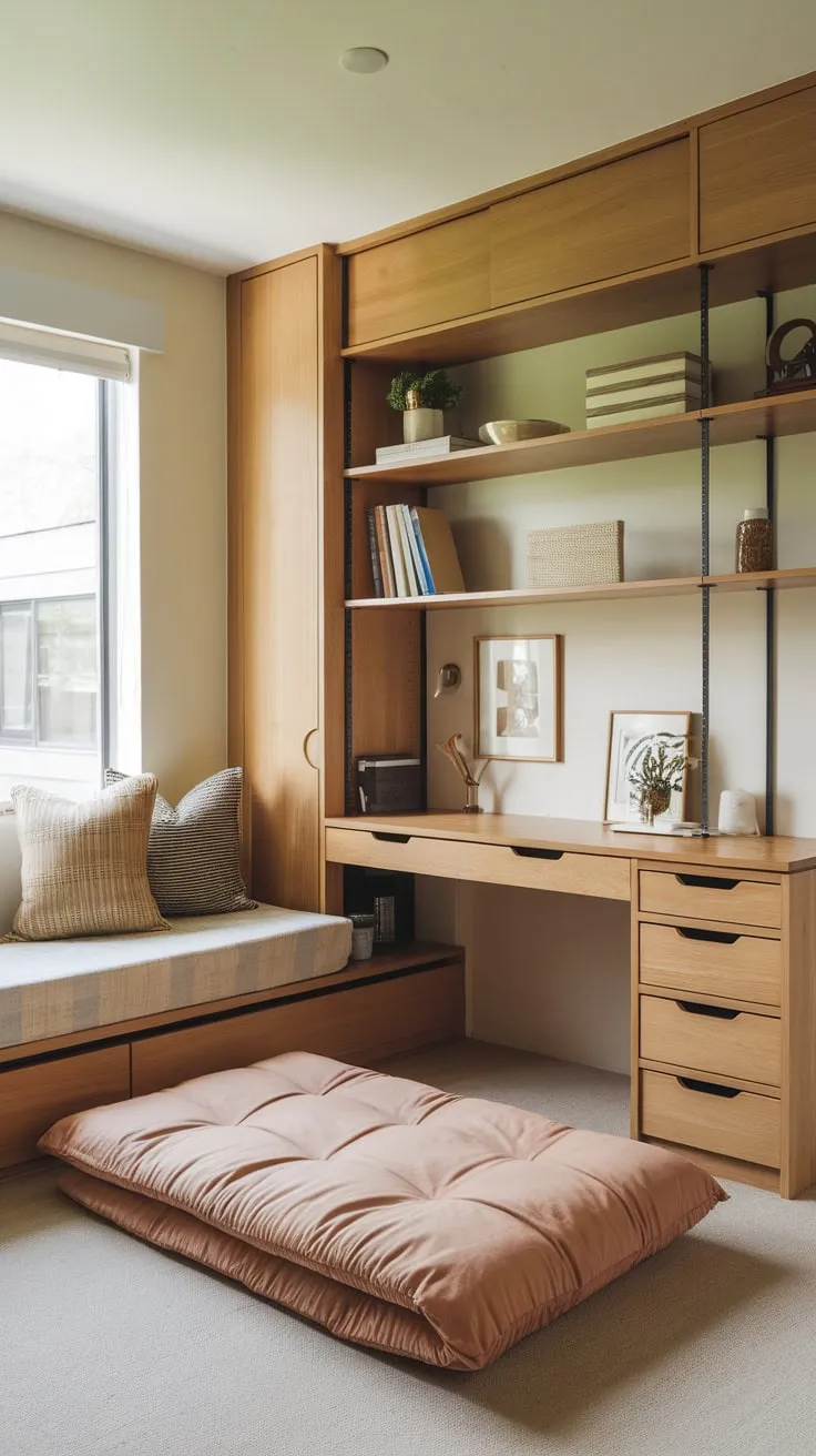 Maximize small-space living with a stylish home office featuring a daybed, built-in storage, and a versatile futon for work and rest