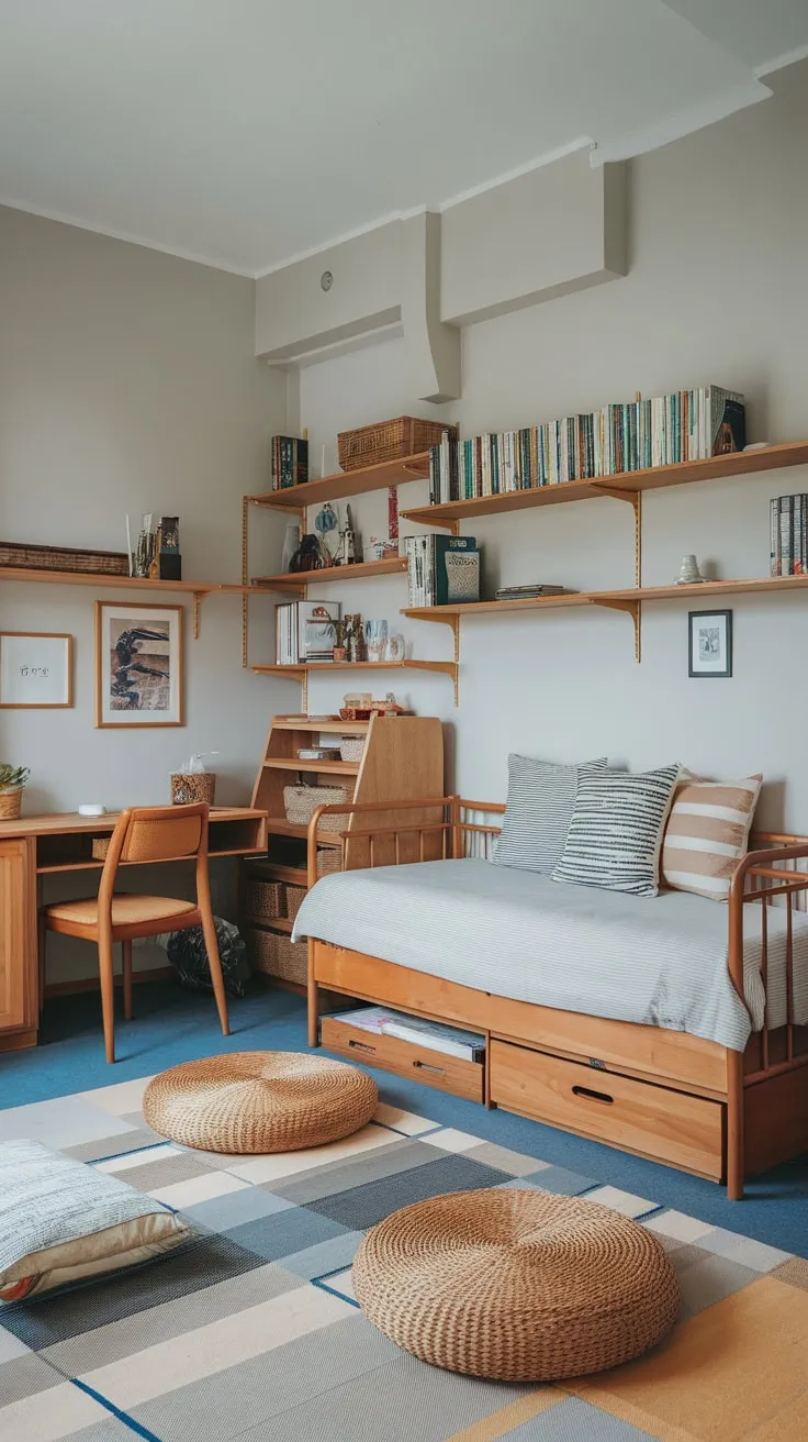 A light grey studio apartment seamlessly blends work and rest with a daybed, futon, and small desk, creating a cozy and functional home office.