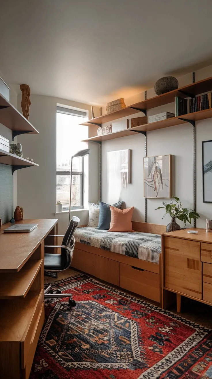 Maximize space and style in this studio apartment with a charming home office incorporating a daybed, wooden furniture, and artistic touches.