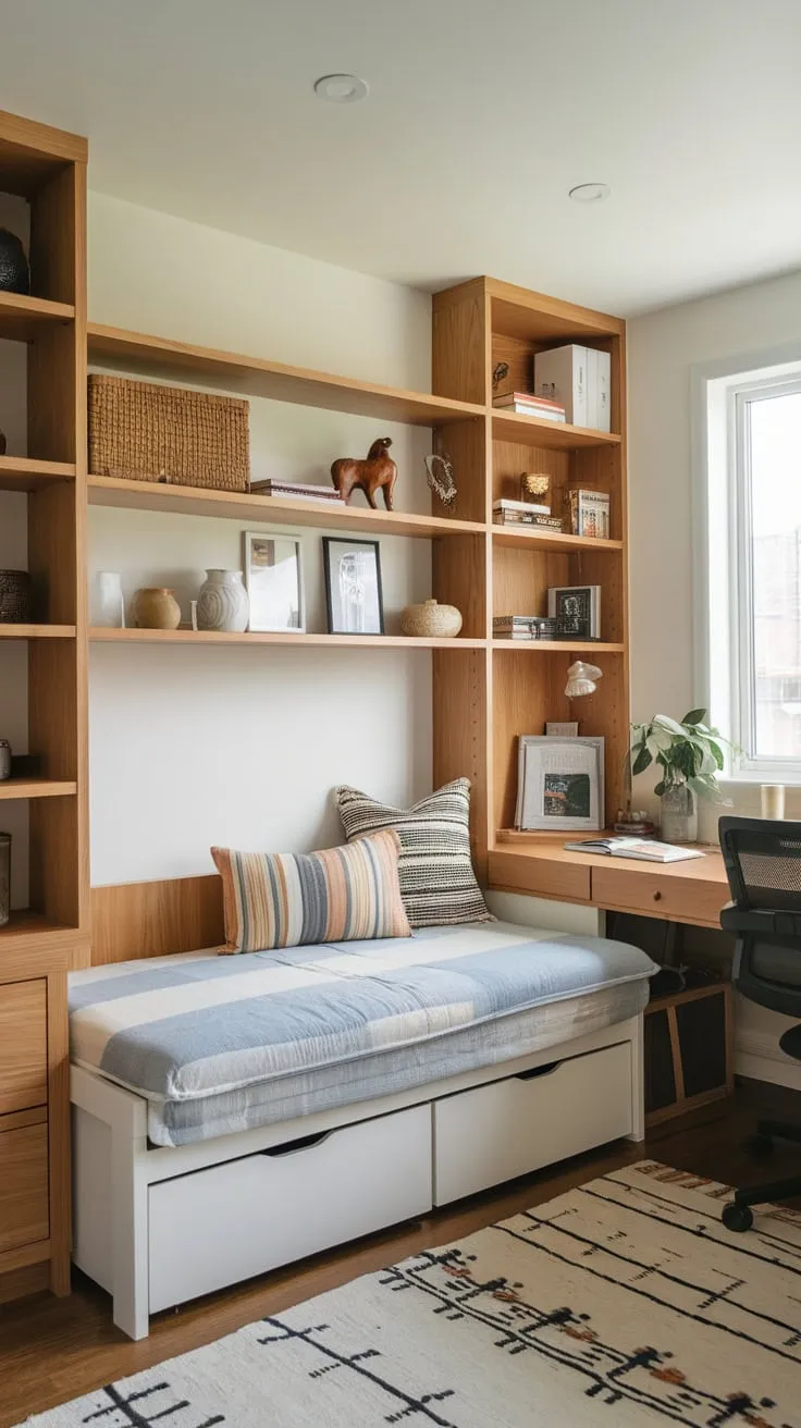 Maximize small spaces with a versatile home office featuring a daybed for ultimate comfort and functionality
