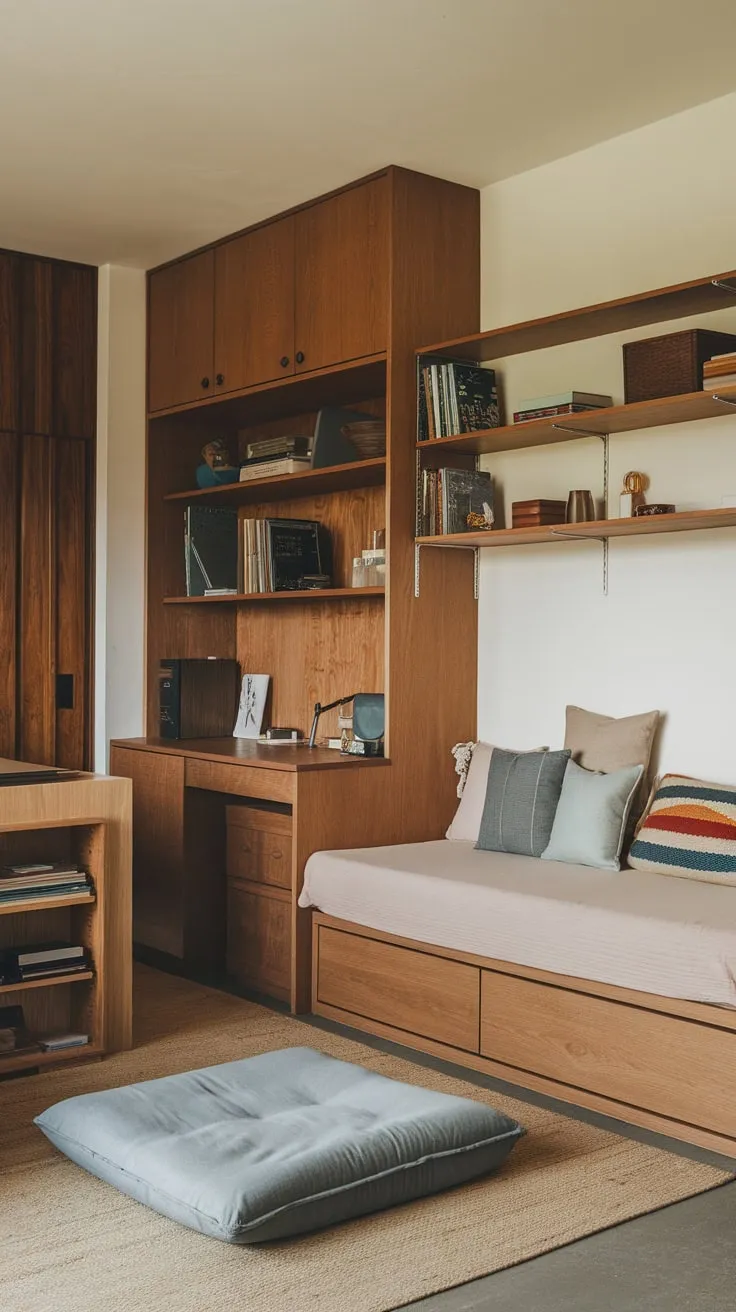 A serene home office blends work and rest with a daybed, futon, and warm wooden furnishings