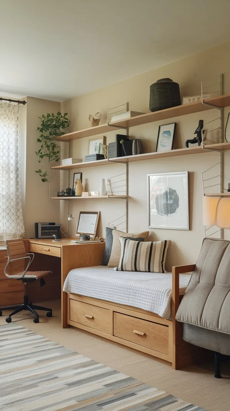Transform a spare room into a tranquil haven featuring a functional wooden home office and comfortable daybed for work and rest.