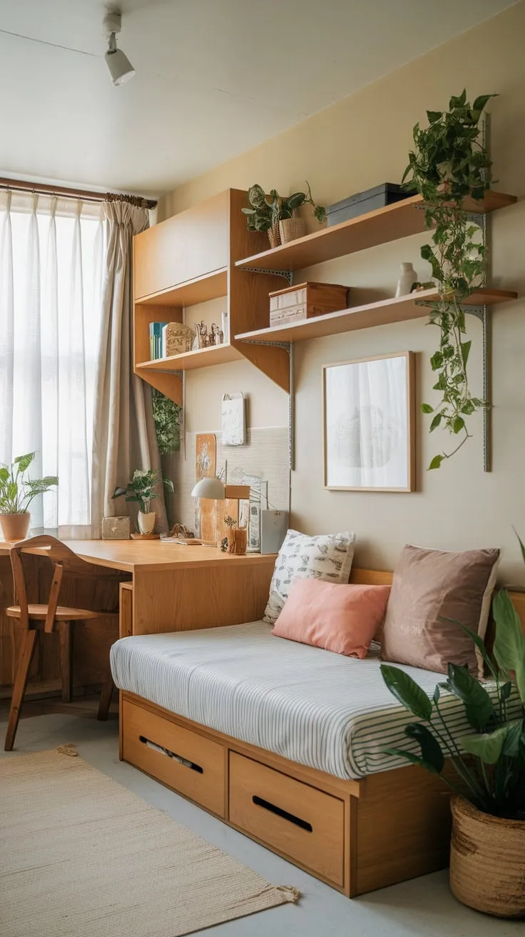 A small, bright home office seamlessly blends work and rest with a wooden daybed, desk, and shelves, creating a calming and functional space.