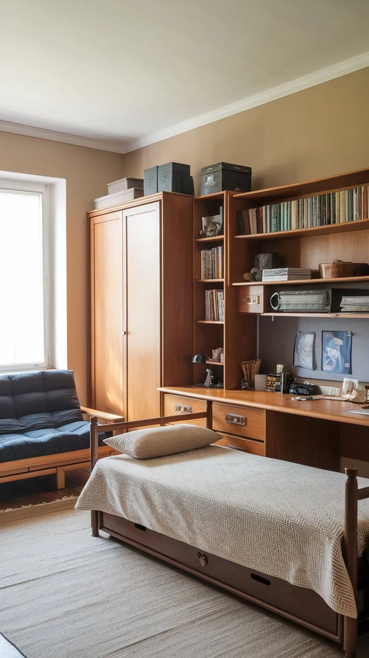 Work and relax in style within this inviting home office featuring a wooden desk, bookshelf, wardrobe, and a convenient daybed near the window.