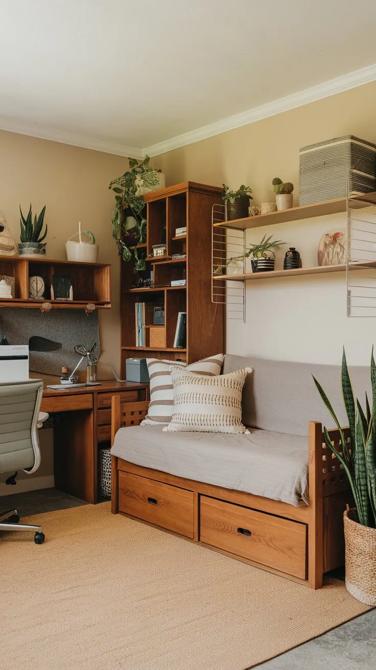 A calming beige home office boasts a daybed and wooden furniture creating a space ideal for both productivity and comfortable repose.