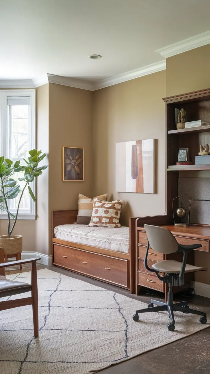 A cozy wooden home office blends productivity with relaxation, its daybed offering a tranquil respite amidst the workday.