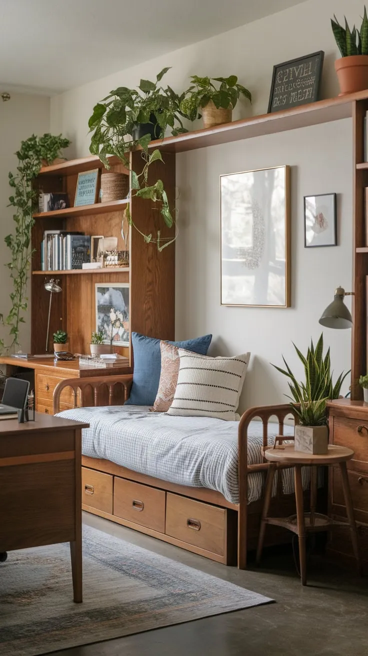 A cozy home office seamlessly blends work and rest with a wooden desk, bookshelf, and a wall-mounted futon providing a spare sleeping space.