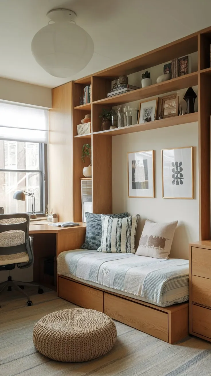 A compact yet comfortable home office incorporating a daybed and wooden furniture creates a perfect multifunctional space ideal for studio apartments.
