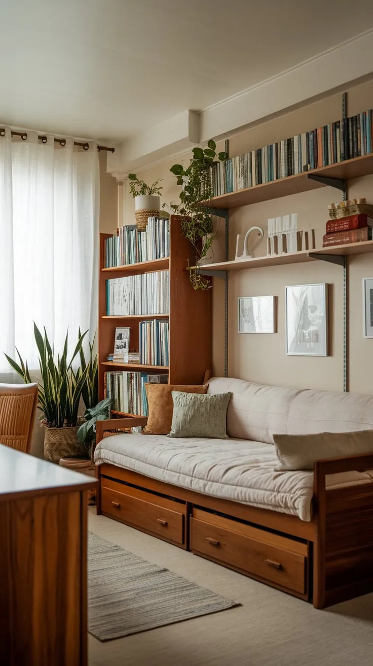A cozy home office features a daybed, wooden accents, and a bookshelf, creating a tranquil workspace perfect for both productivity and relaxation.