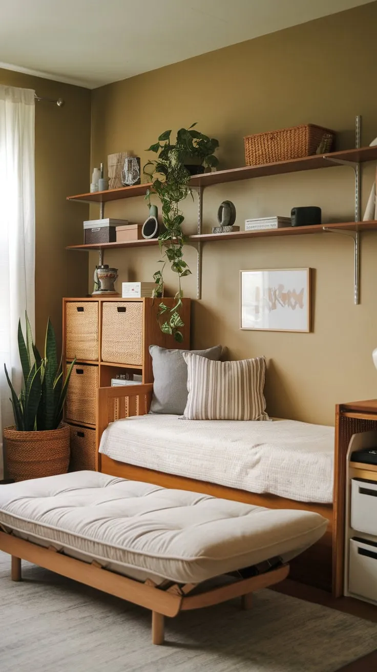 A sunny yellow room blends home office practicality with relaxation, featuring a daybed, futon, and wooden shelving for a calming workspace.