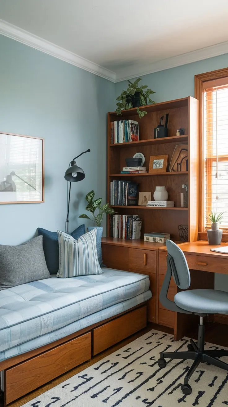 A serene light blue home office seamlessly blends work and rest with a wooden desk, daybed, and bookshelf, perfect for small spaces.