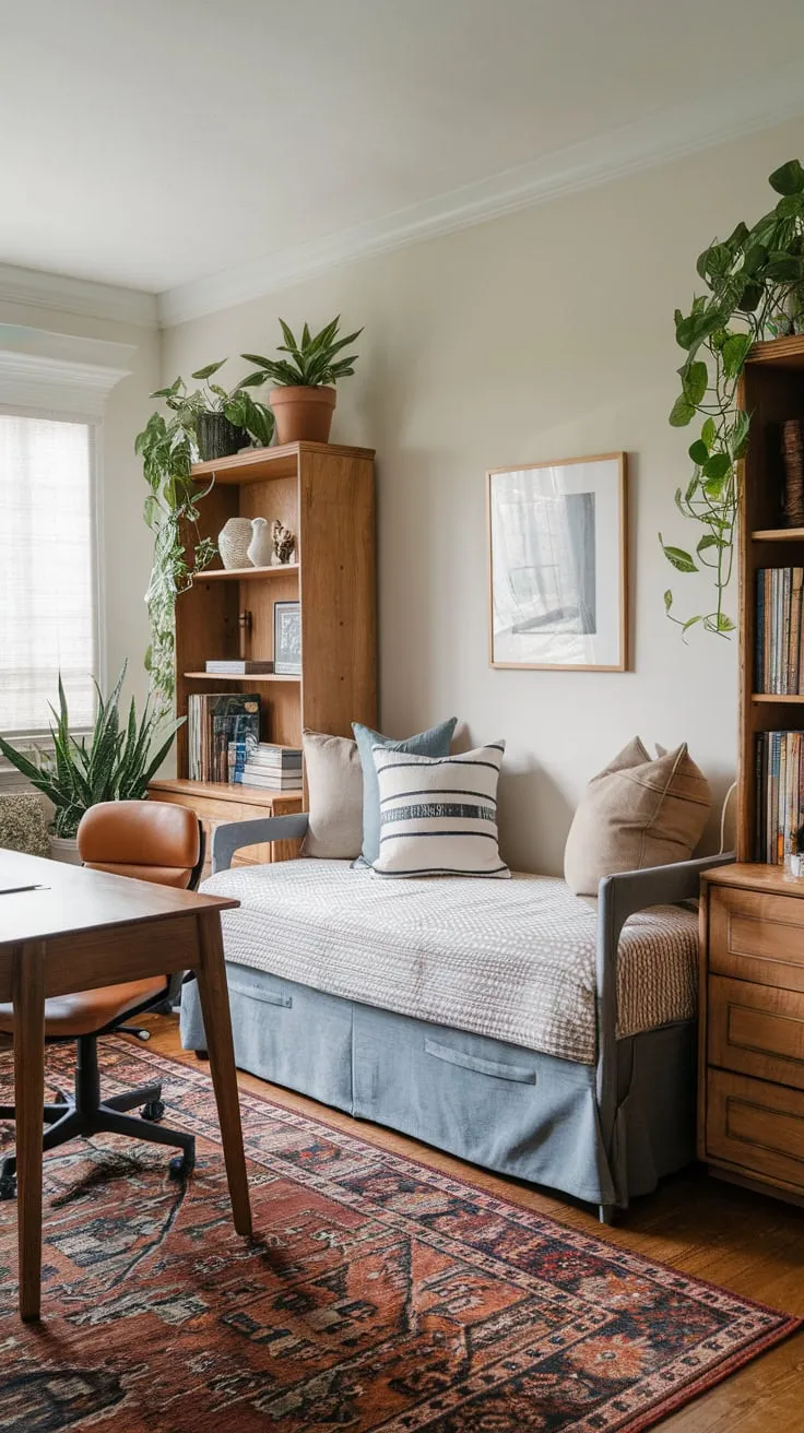 Transform your workspace into a tranquil retreat with a home office featuring a daybed, wooden desk, and pops of green amidst a patterned rug and white walls.