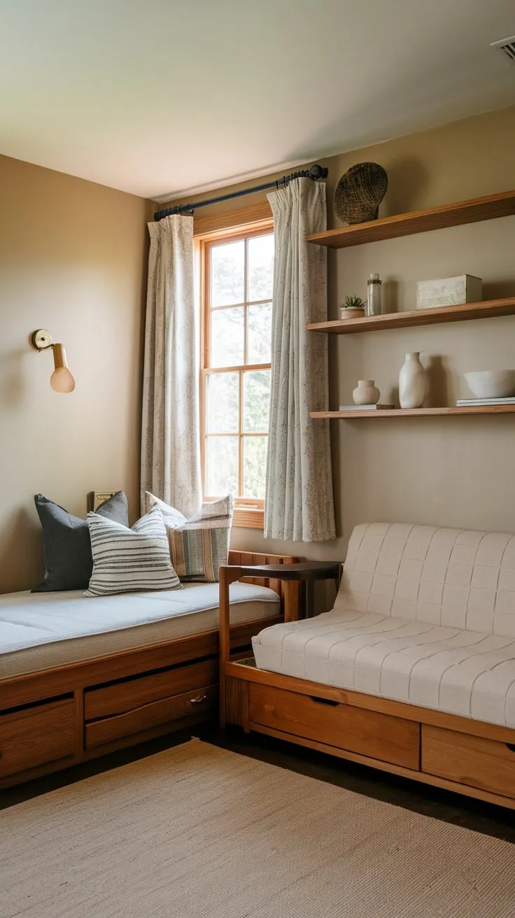 A small, wood-furnished spare room offers a versatile home office setup featuring a daybed and futon, perfect for work and rest.