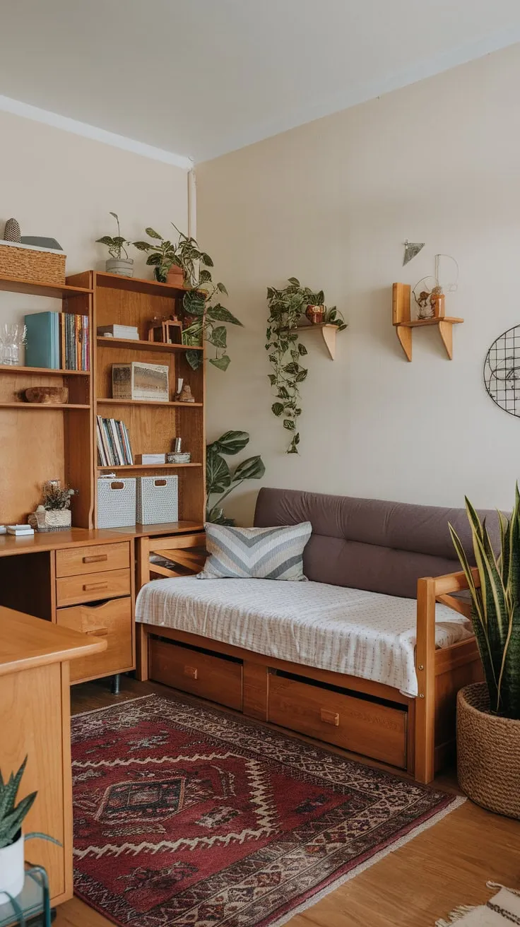 A cozy home office seamlessly blends work and rest with a wooden desk, bookshelf, and a comfy daybed perfect for naps or guests.