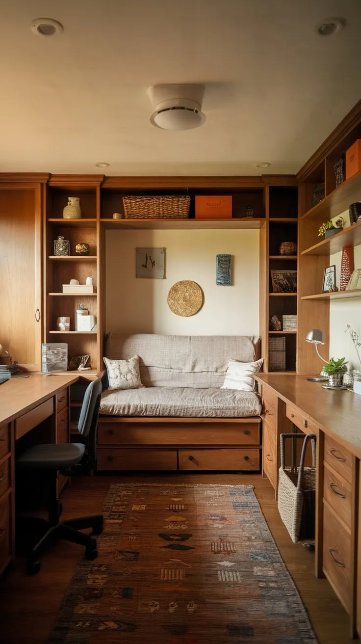 A cozy home office features a daybed, wooden accents, and warm lighting creating a perfect space for work and relaxation.