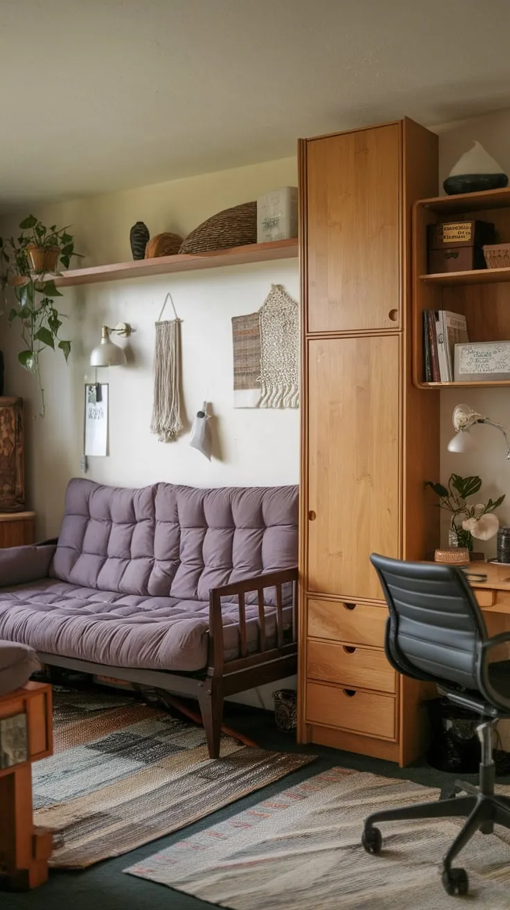 A cozy home office boasts a versatile daybed, wooden furniture, and calming decor, perfect for work and rest.
