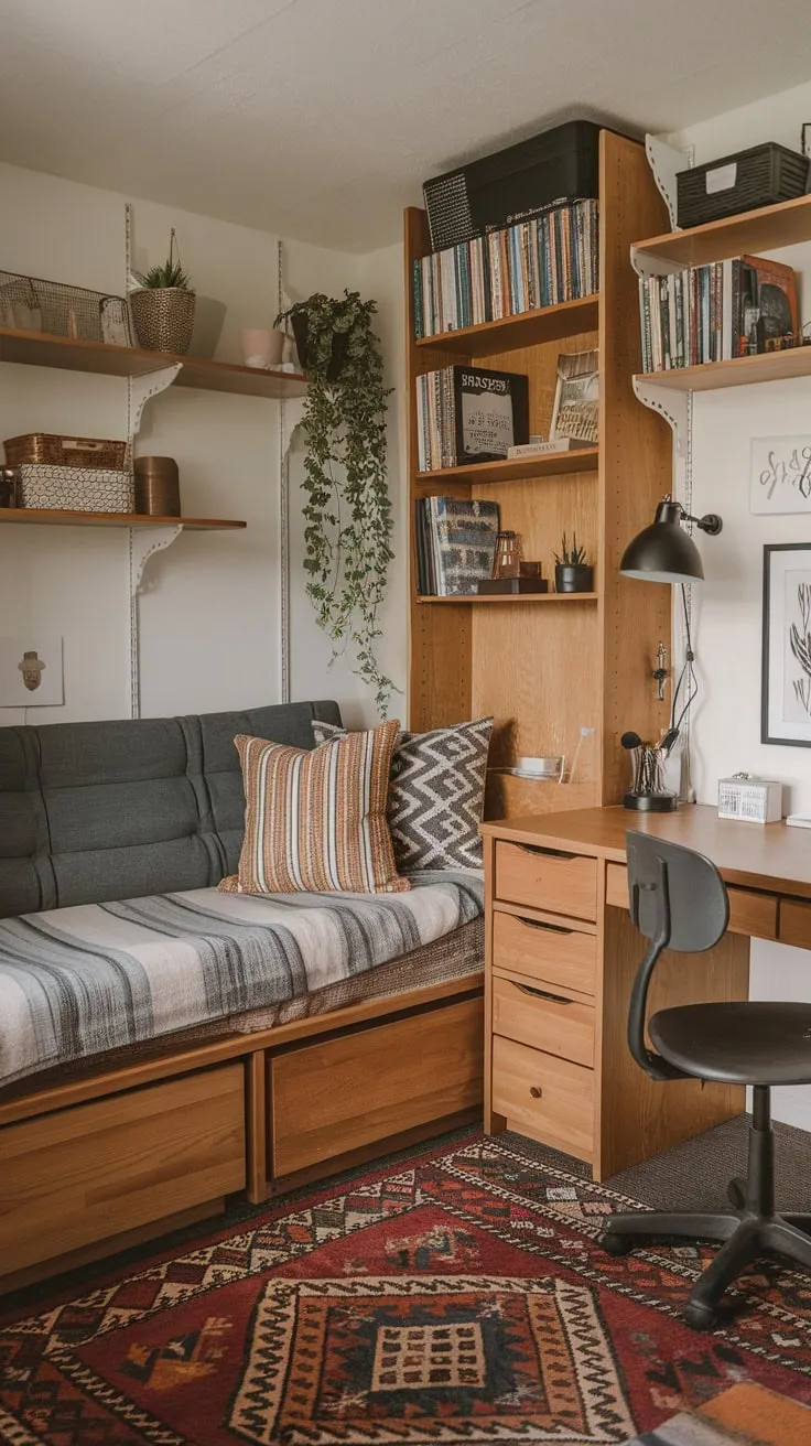 A multifunctional home office features a comfortable daybed nestled amongst wooden furniture and bookshelves, creating a space for both productivity and relaxation.