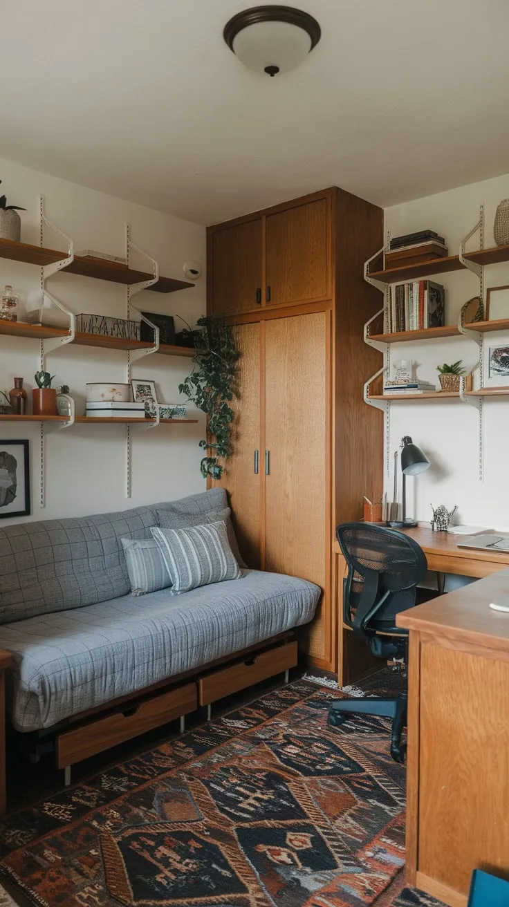 A multifunctional small room seamlessly unites home office practicality with spare bedroom functionality using a daybed, wooden furniture, and calming décor.