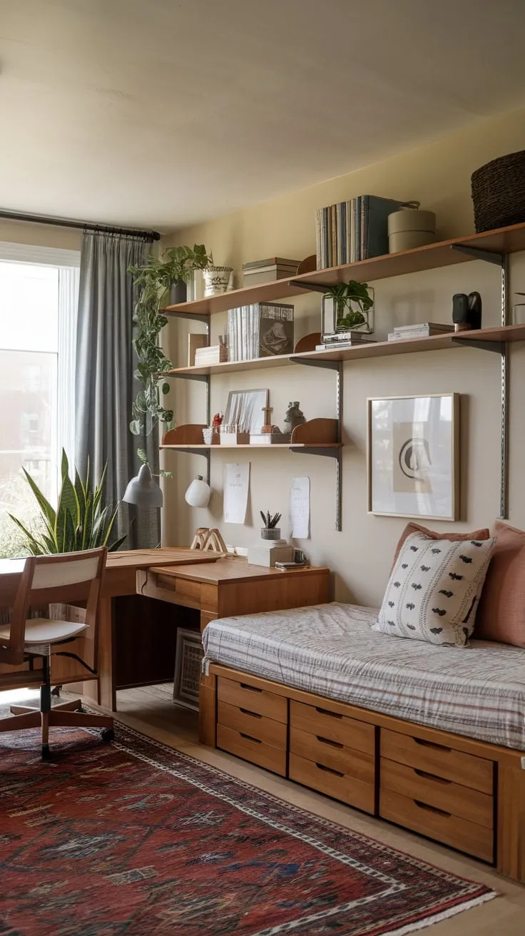 A serene beige-walled home office boasts a wooden desk, shelves, and a comfy daybed perfect for work and rest
