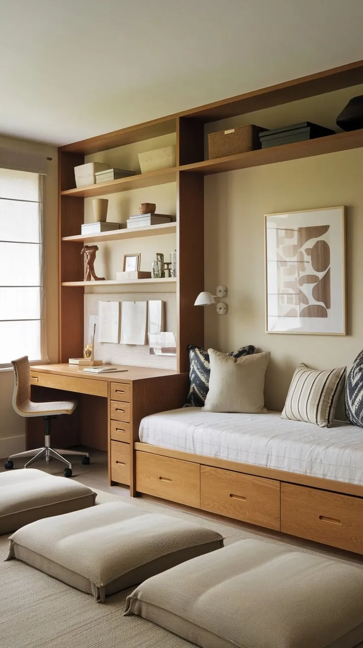 Relax and recharge in this inviting home office featuring a daybed, wooden furnishings, and cozy floor seating within a calming beige space.