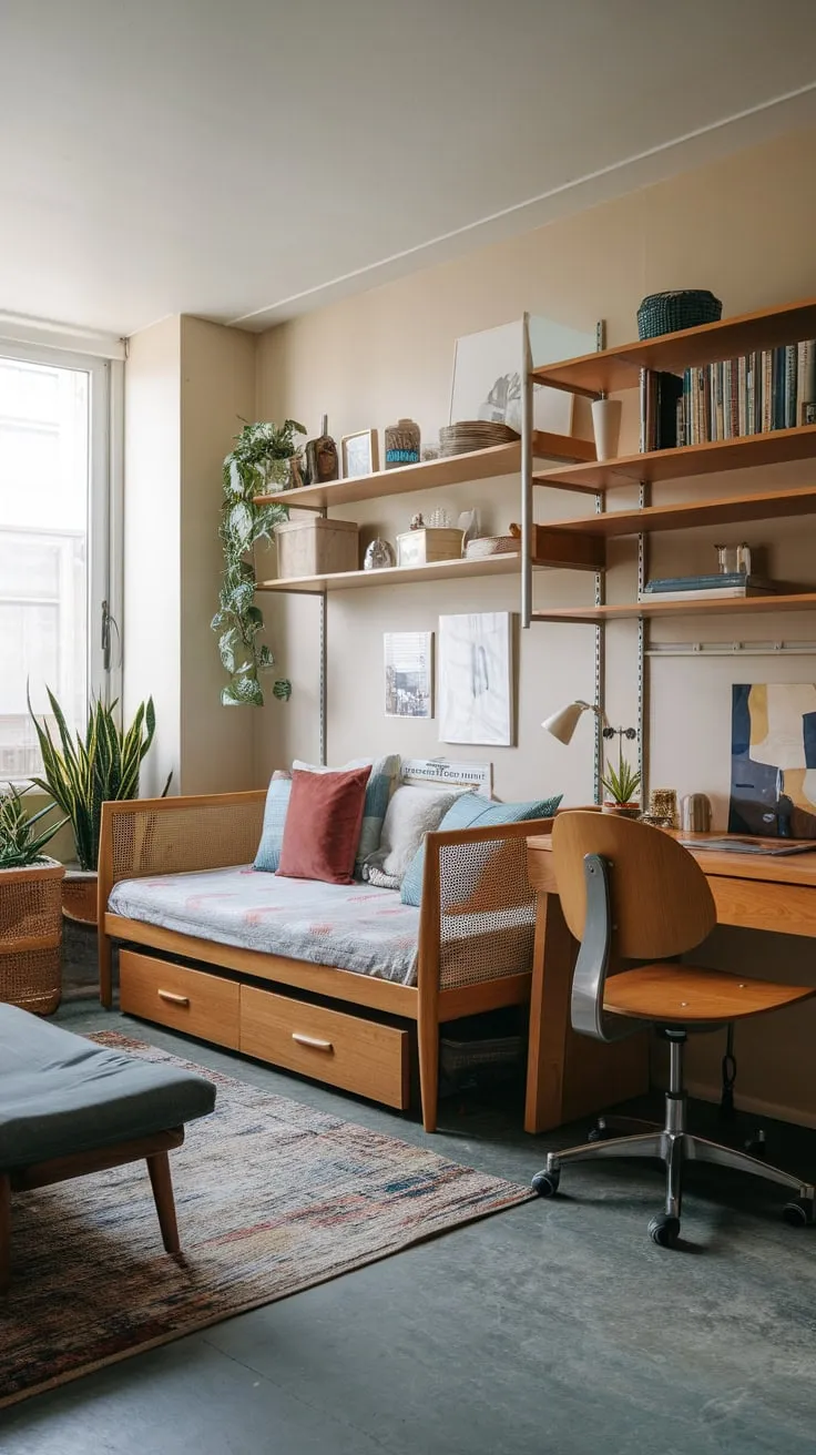 A beige-walled studio apartment cleverly combines a home office with a daybed for versatile living