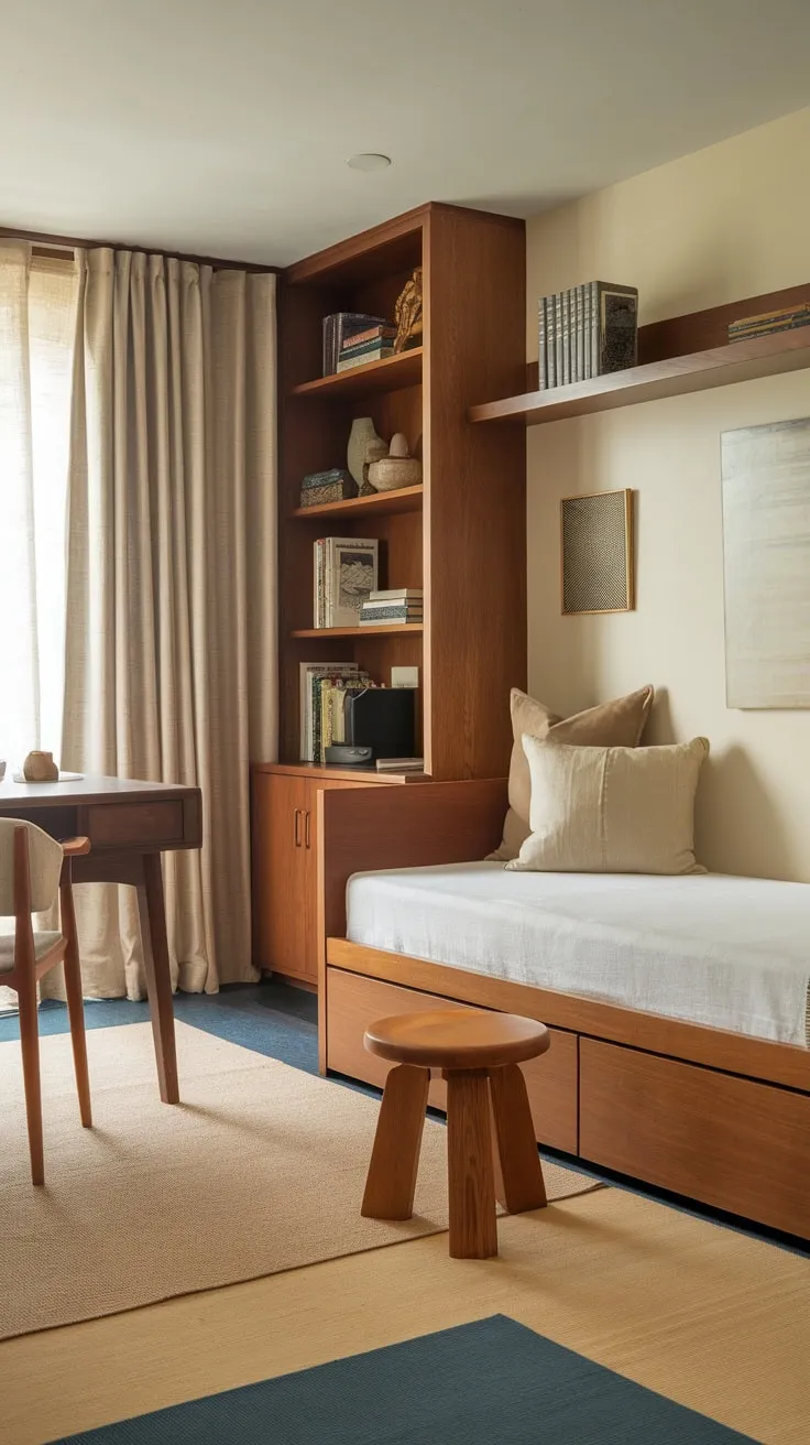 Relax and recharge in a stylish home office featuring a comfortable daybed nestled amongst a wooden desk, bookshelves, and soothing décor.