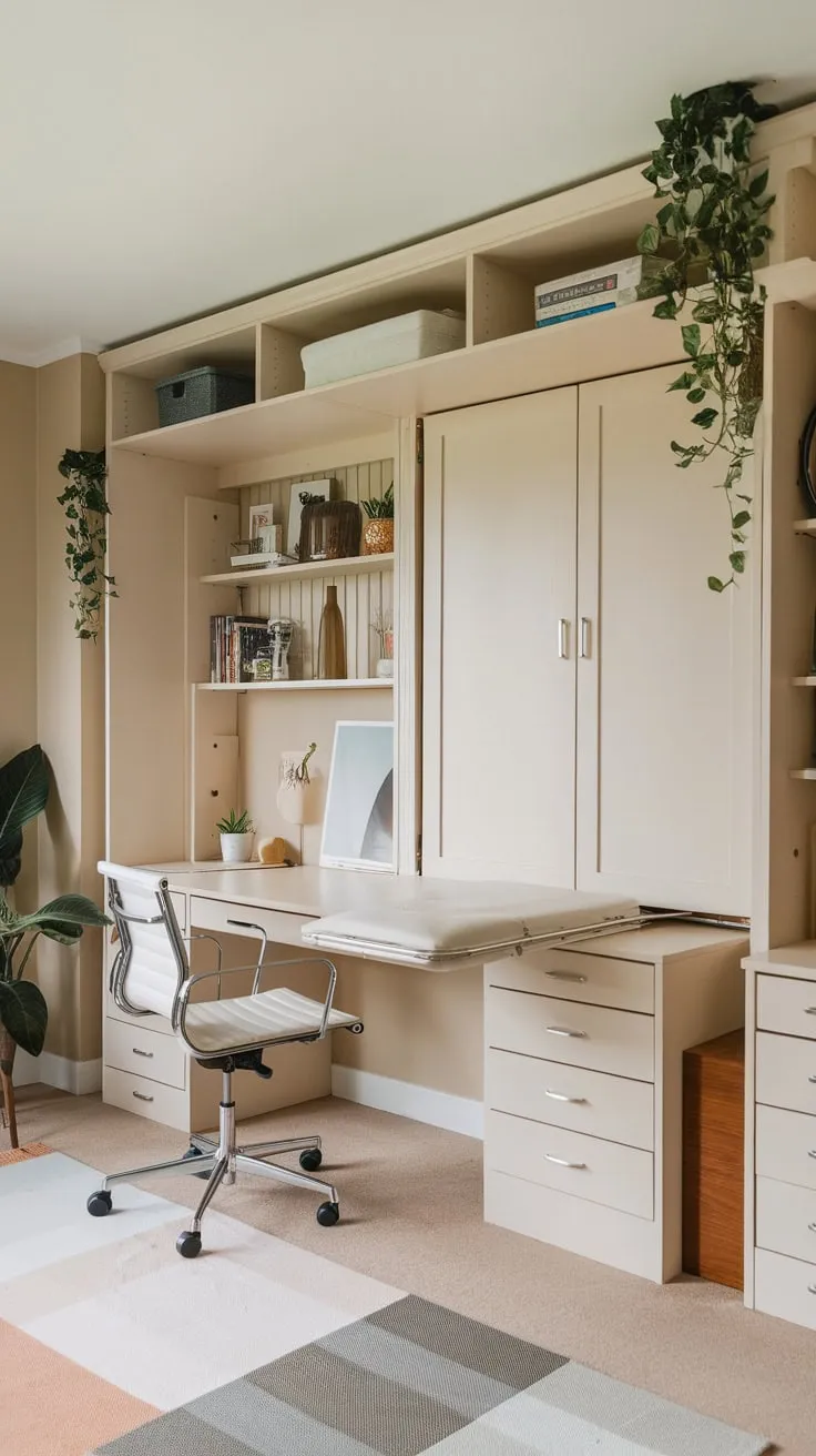 Maximize space and functionality with a home office featuring a Murphy bed, cleverly combining workspace and sleeping area in a calming beige setting.