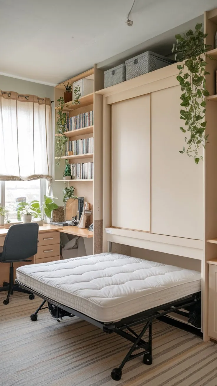 A Murphy bed cleverly conceals itself in a stylish home office, instantly converting the space from workspace to guest room.