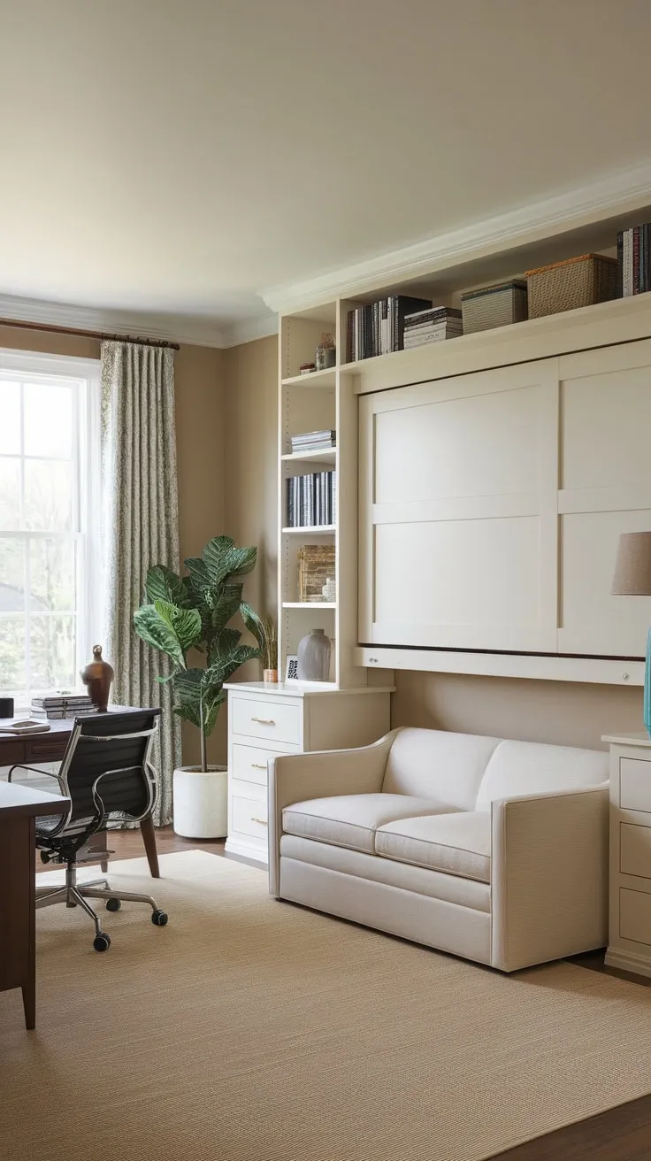 A versatile Murphy bed maximizes space in a calming beige home office, complete with desk, bookshelf, and comfortable seating.