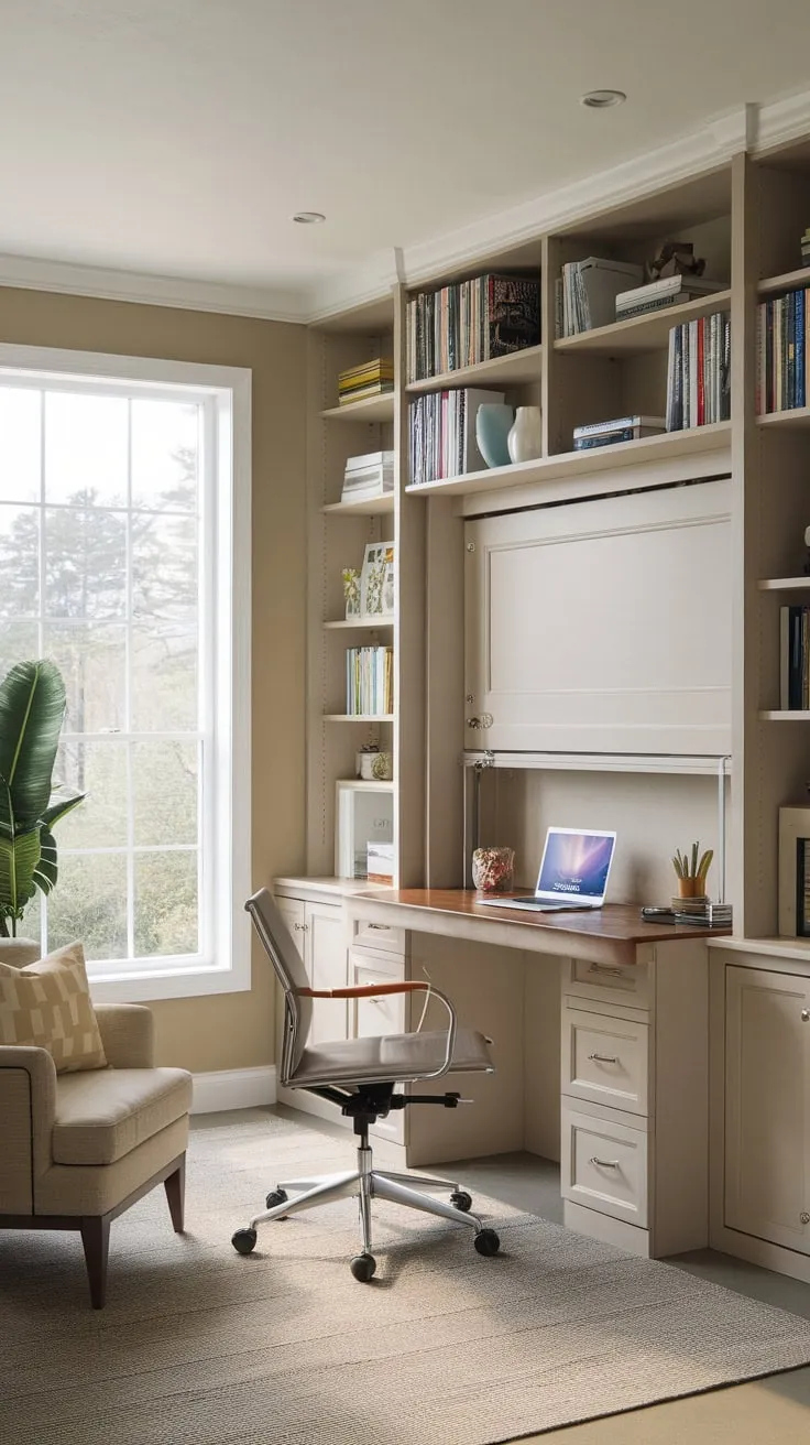 Maximize space and style with a home office featuring a Murphy bed, creating a serene workspace that effortlessly converts into a cozy bedroom.