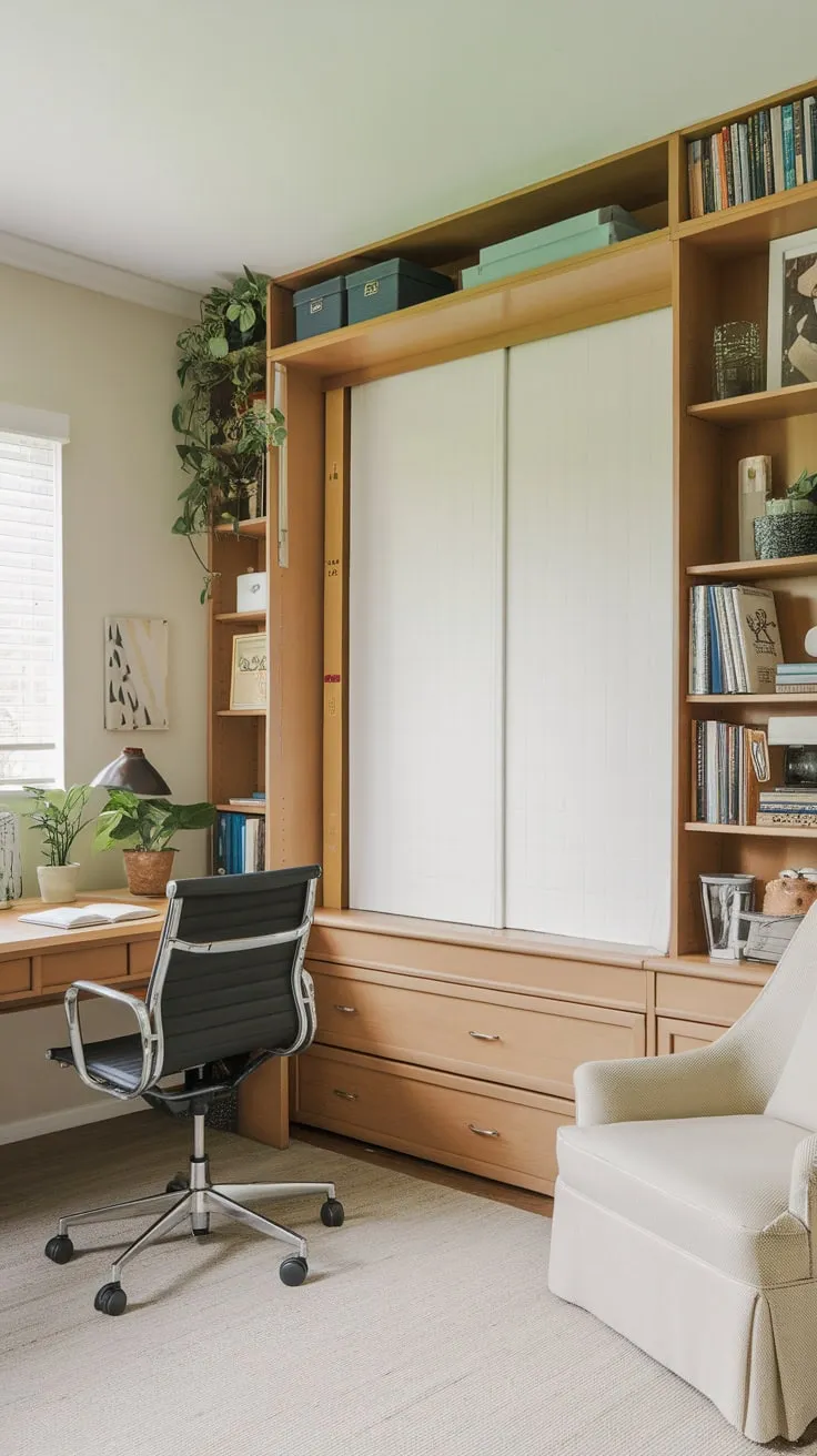 Transform your space with a stylish home office featuring a Murphy bed, seamlessly blending work and rest.