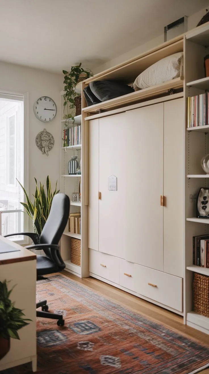 A stylish home office seamlessly transforms into a guest room with a space-saving Murphy bed, complete with desk, bookshelves, and calming décor