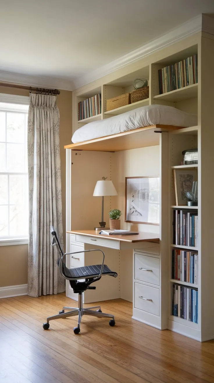 Maximize space with a Murphy bed that unfolds into a comfortable guest room and folds away to reveal a practical home office.