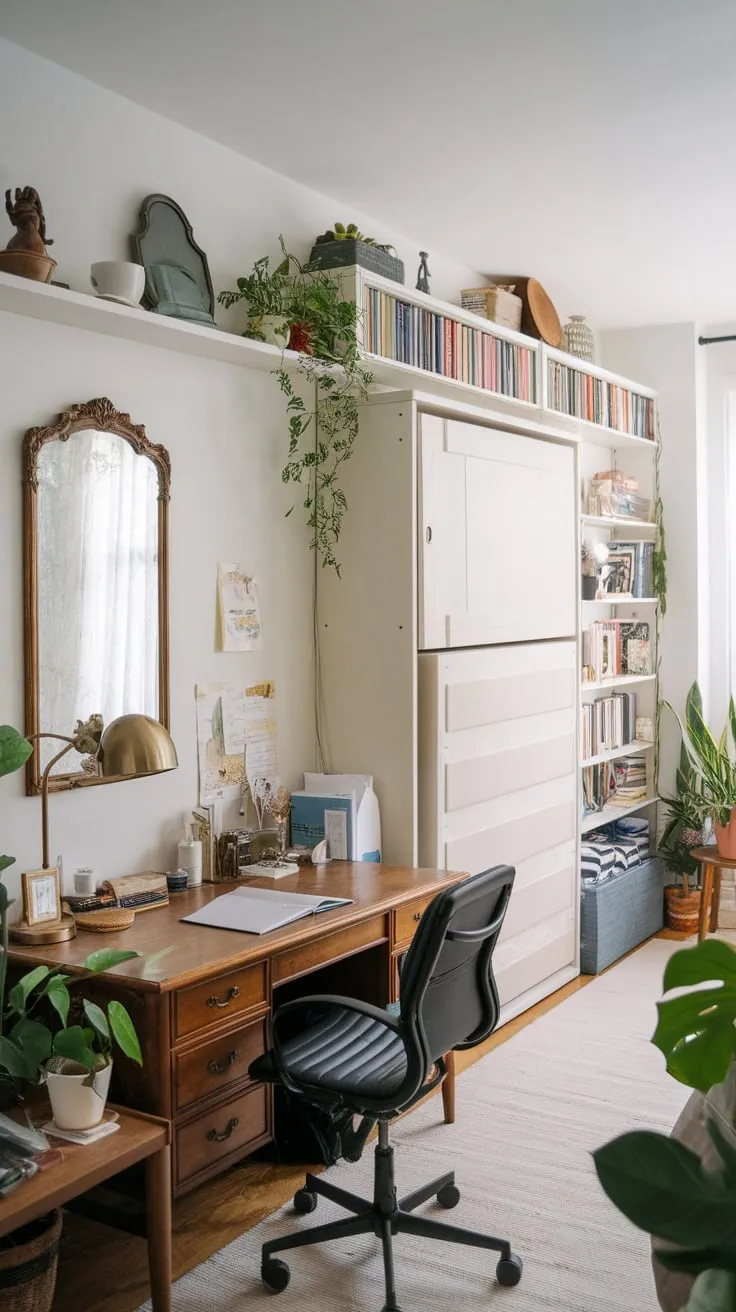 A stylish vintage home office cleverly incorporates a Murphy bed, offering both workspace and sleeping quarters in one charming space.