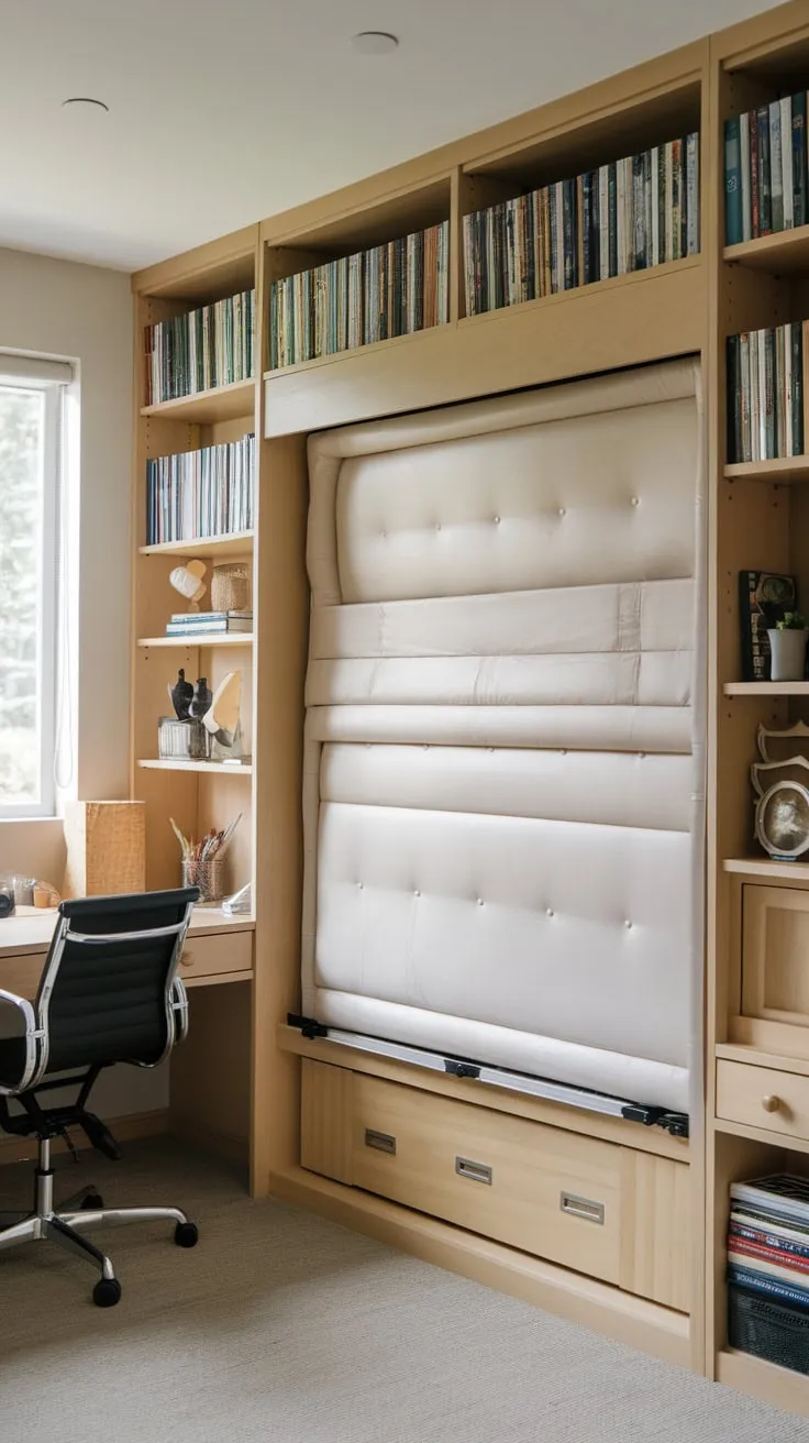 A versatile home office transforms into a guest room with a space-saving Murphy bed, desk, chair, and bookshelf.