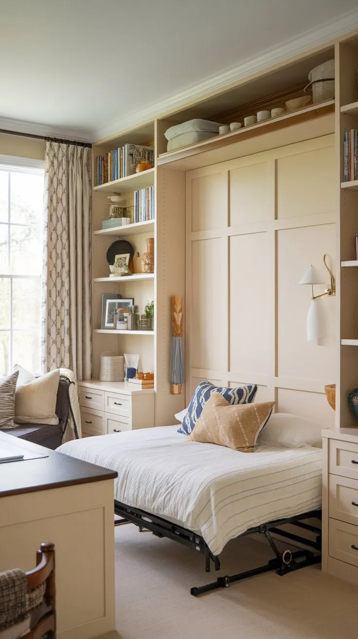 A Murphy bed cleverly converts a warm and inviting home office into a comfortable guest bedroom.