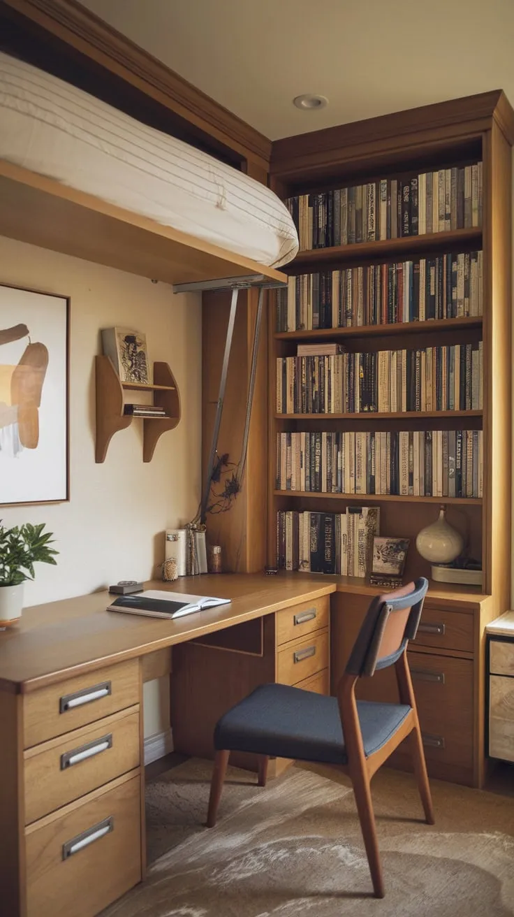 Transform your space with a home office featuring a Murphy bed, seamlessly blending work and rest in a warm, inviting atmosphere