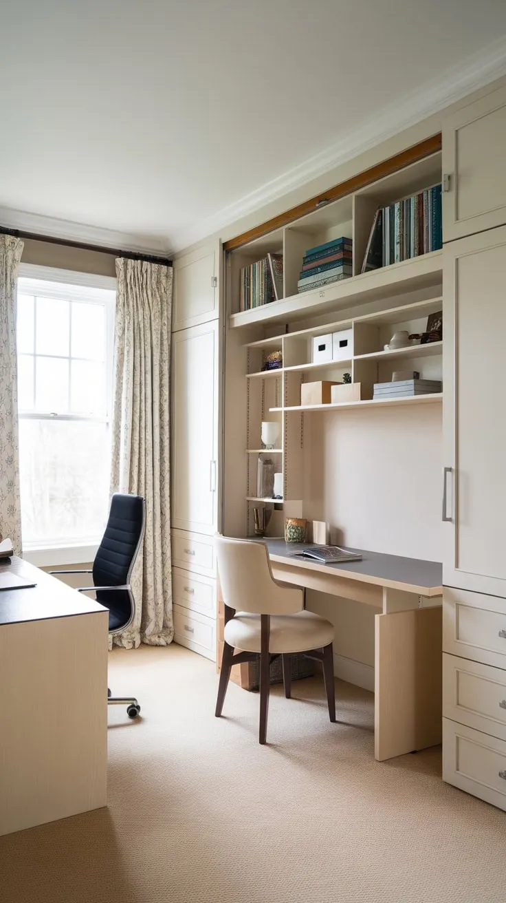Transform your space with a stylish home office featuring a hidden Murphy bed, seamlessly blending work and rest.