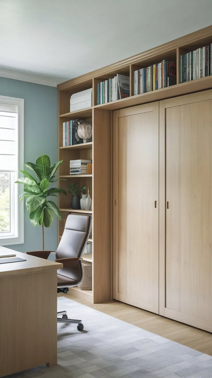 A light blue home office seamlessly transforms into a guest room with a hidden Murphy bed, desk, chair, and bookshelf.