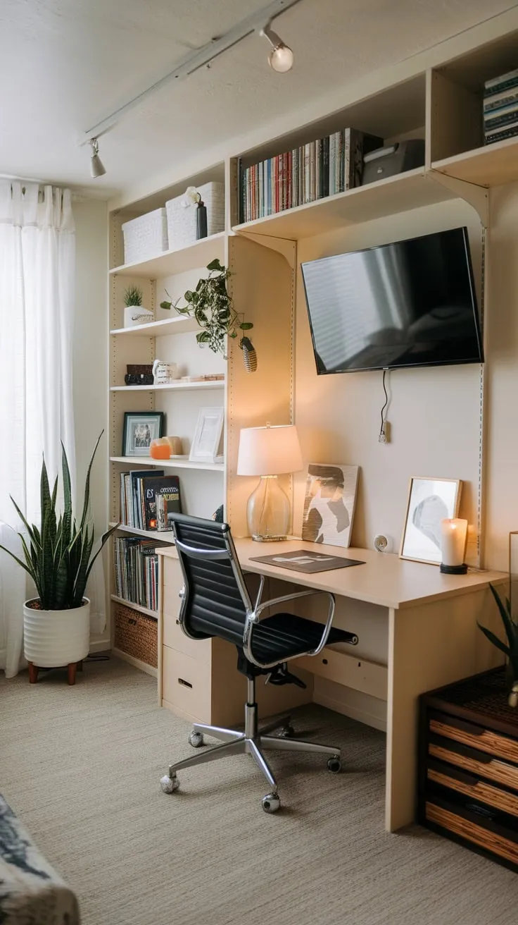 A Murphy bed cleverly conceals itself in a stylish home office, maximizing space and functionality.