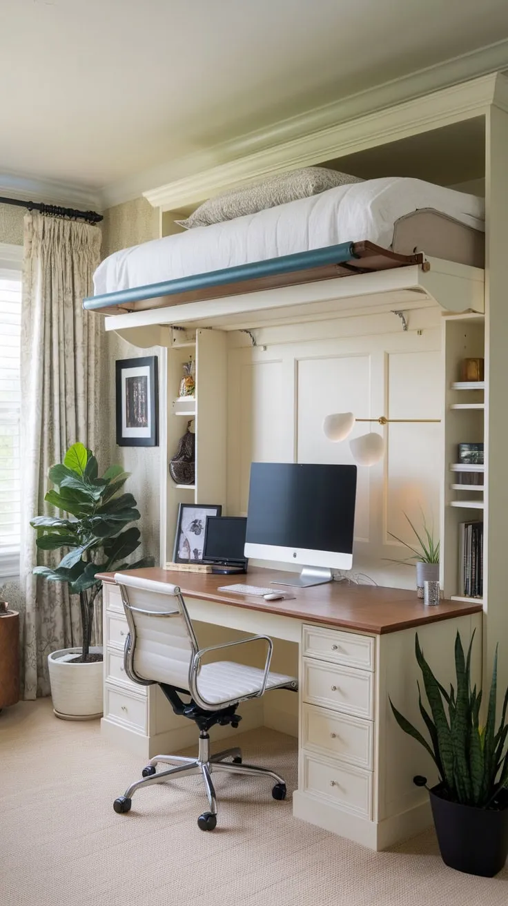 A Murphy bed cleverly conceals itself in this functional home office, maximizing space and offering a tranquil workspace.