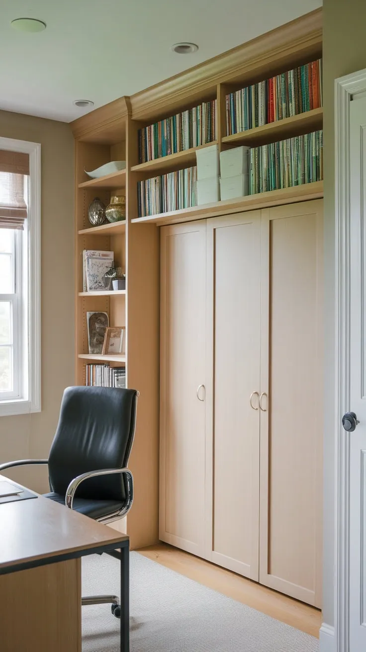Maximize space and functionality with a home office featuring a Murphy bed, creating a versatile room for work and sleep.